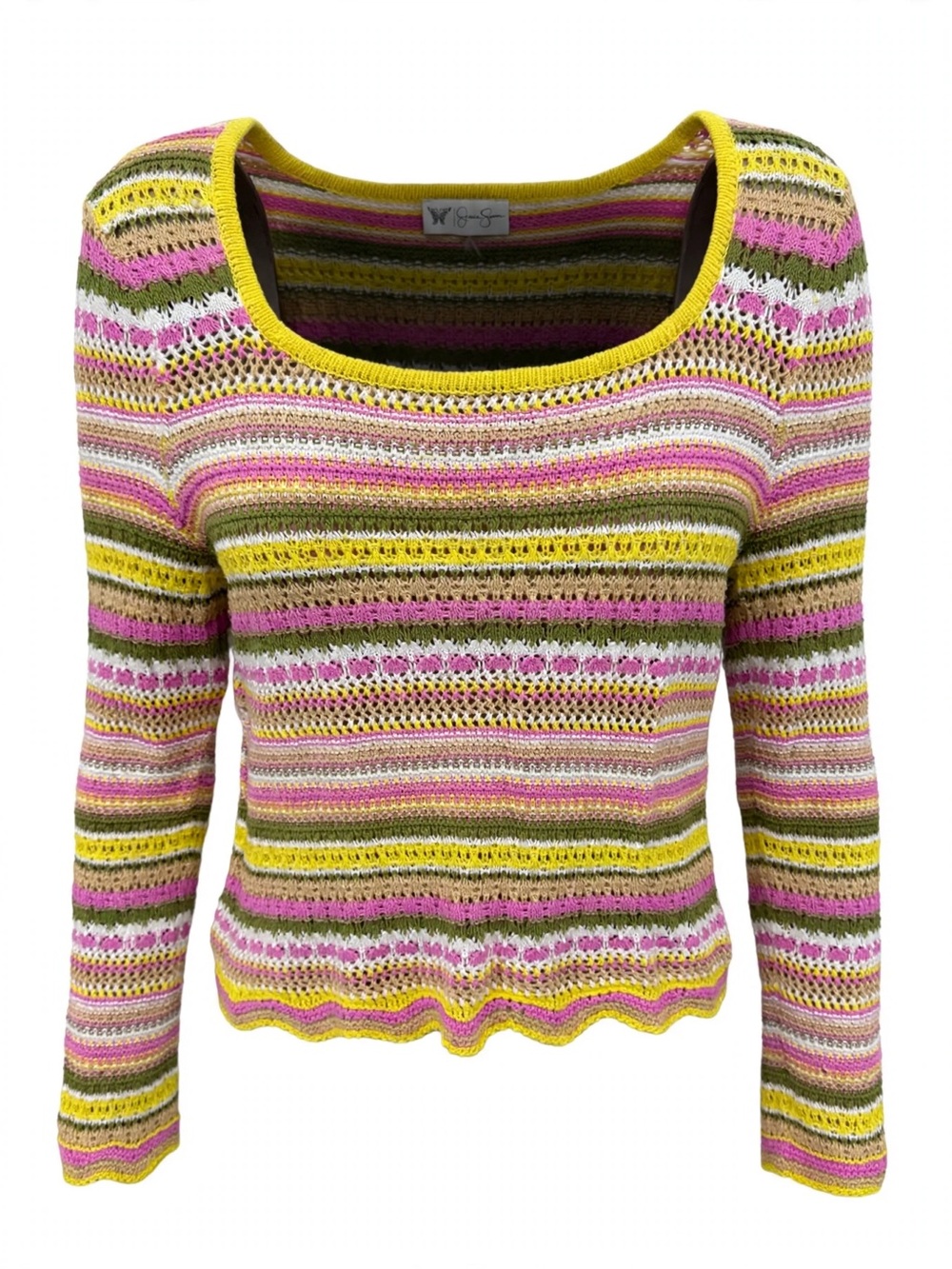 W/S Striped Open-Knit Scoop Neck Sweater - Pink/Yellow/Green